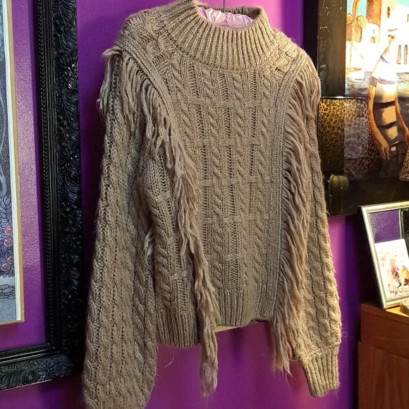 Altered State Brown Cable Knit Fringe Sweater. Size Small - Picture 3 of 8
